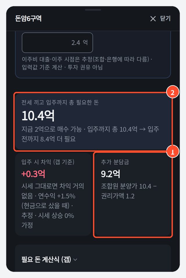 ① 추가 분담금 계산식 ② 입주까지 내 돈