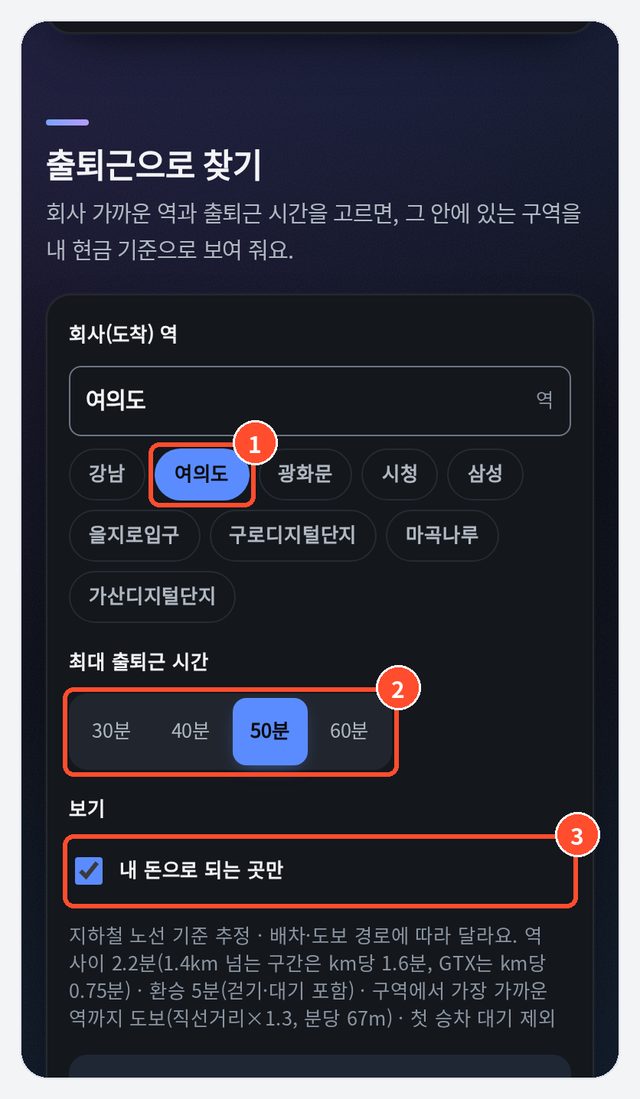 ① 회사 역(여의도) ② 최대 출퇴근 시간 ③ 내 돈으로 되는 곳만